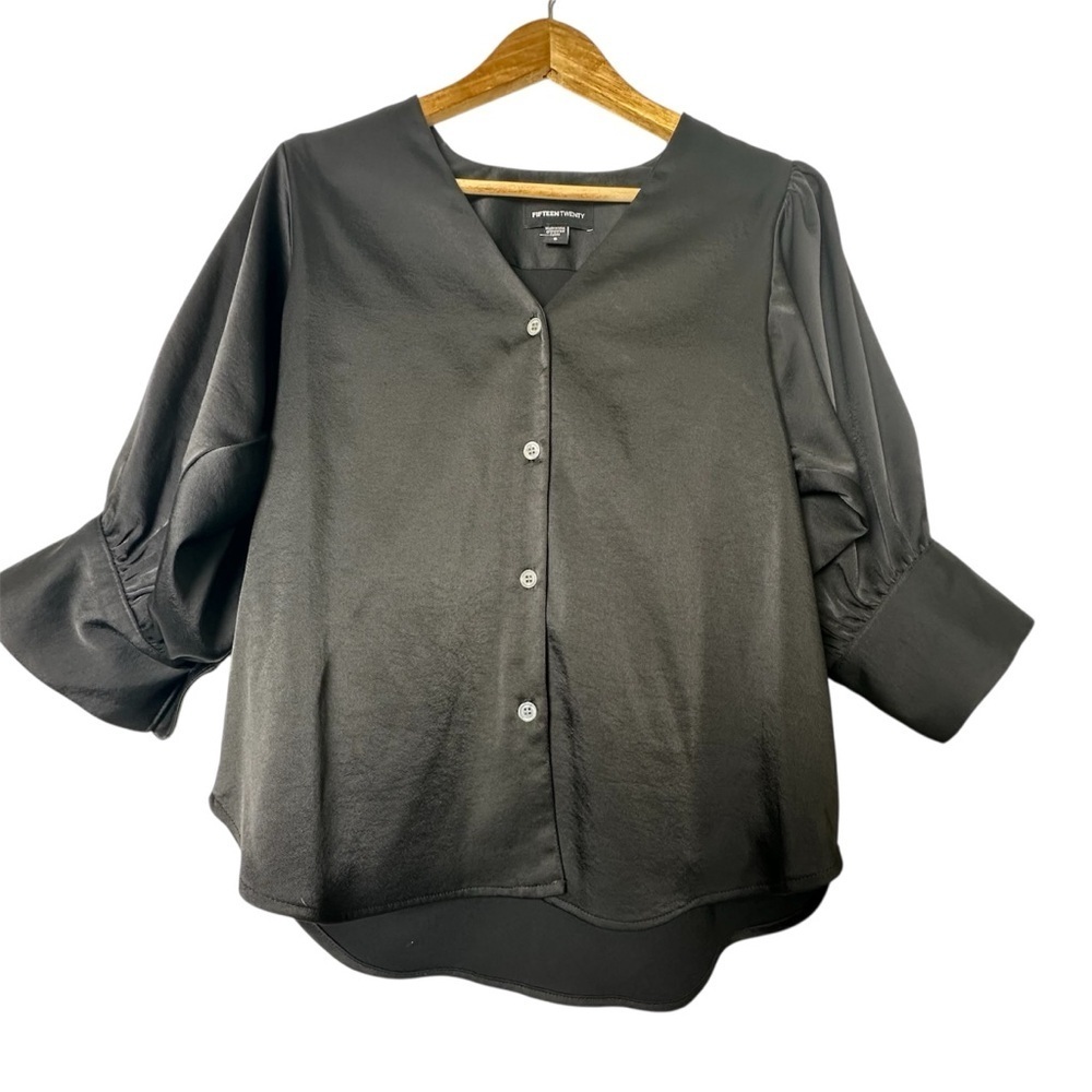 NWOT Fifteen Twenty Elegant Black V-Neck Blouse With Bell Sleeves